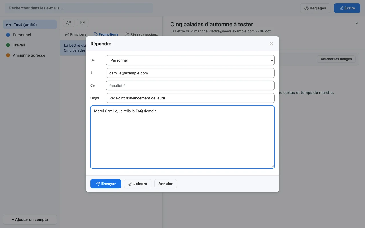 L'éditeur de message, avec destinataire, objet et corps.